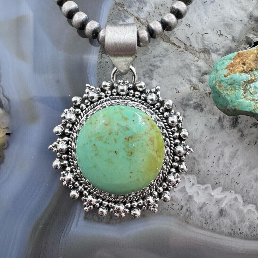 Sterling Southwestern Style Round Green Turquoise Decorated Pendant For Women